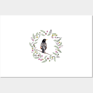 American Robin with whimsical flower wreath Posters and Art